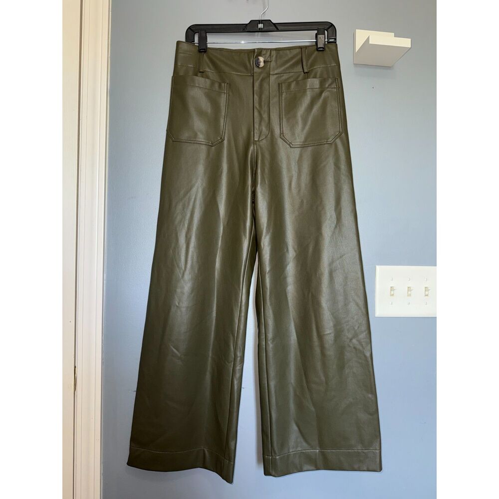 Maeve · Anthropologie The Colette Olive Faux Leather Wide Leg Pants | Size 29